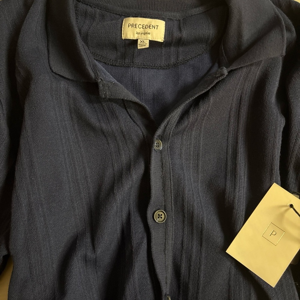 Precedent Los Angeles Navy Casual Men's Button-Down Short Sleeve Sweater XL